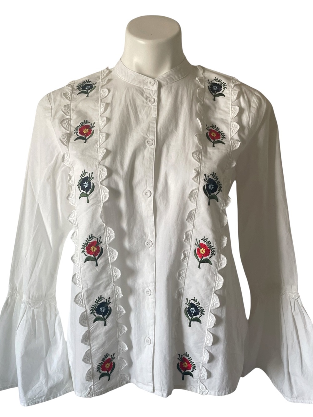 Topshop Floral Embroidered Scallop Top Bell Sleeve Cotton Button Up White